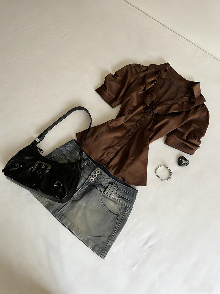 brown ruffled retro shirt