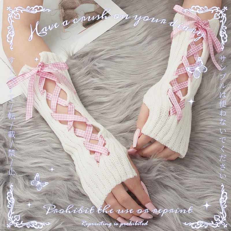 Soft Girl Bow Ribbon Strap Gloves