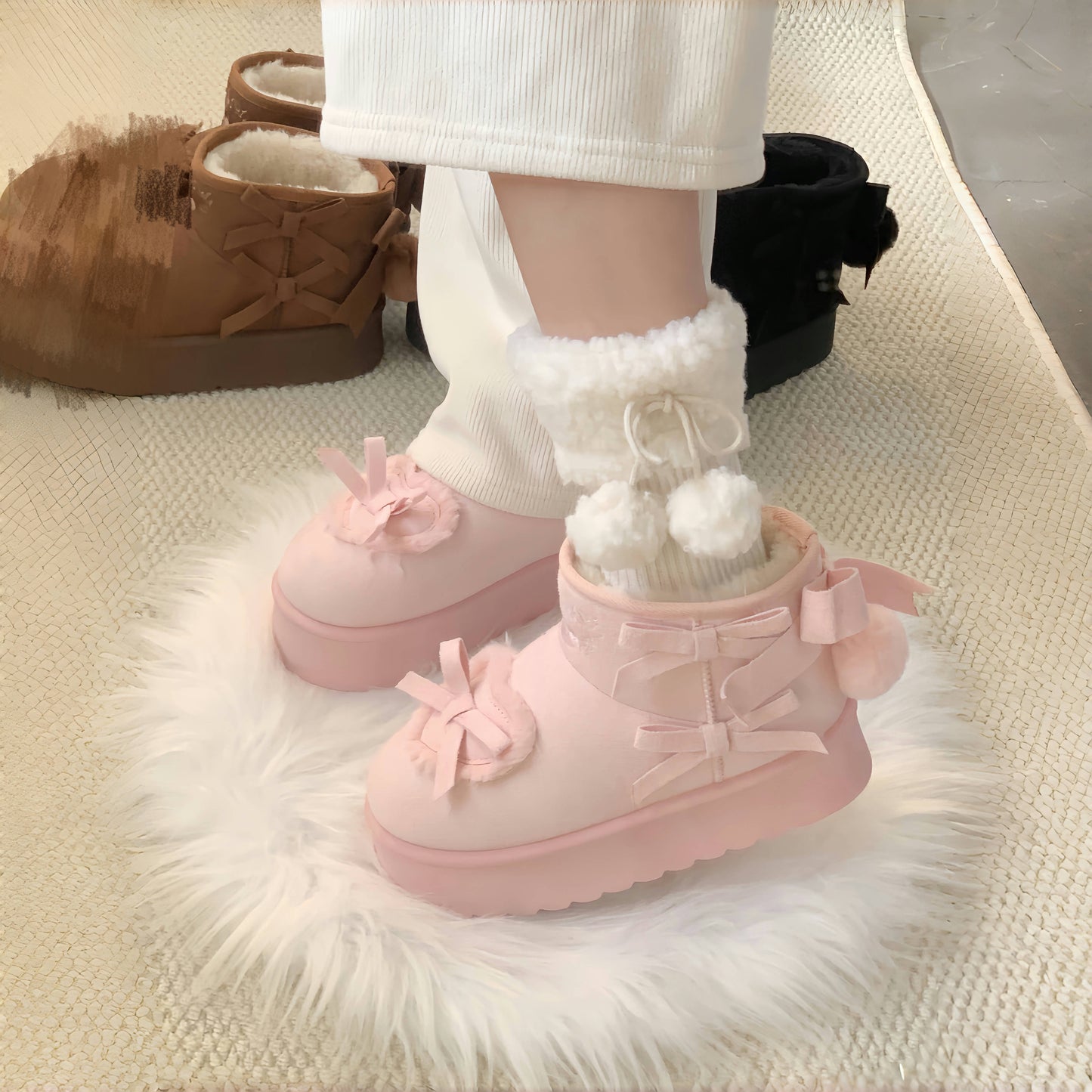 pink velvet heart-knot thick-soled snow boots