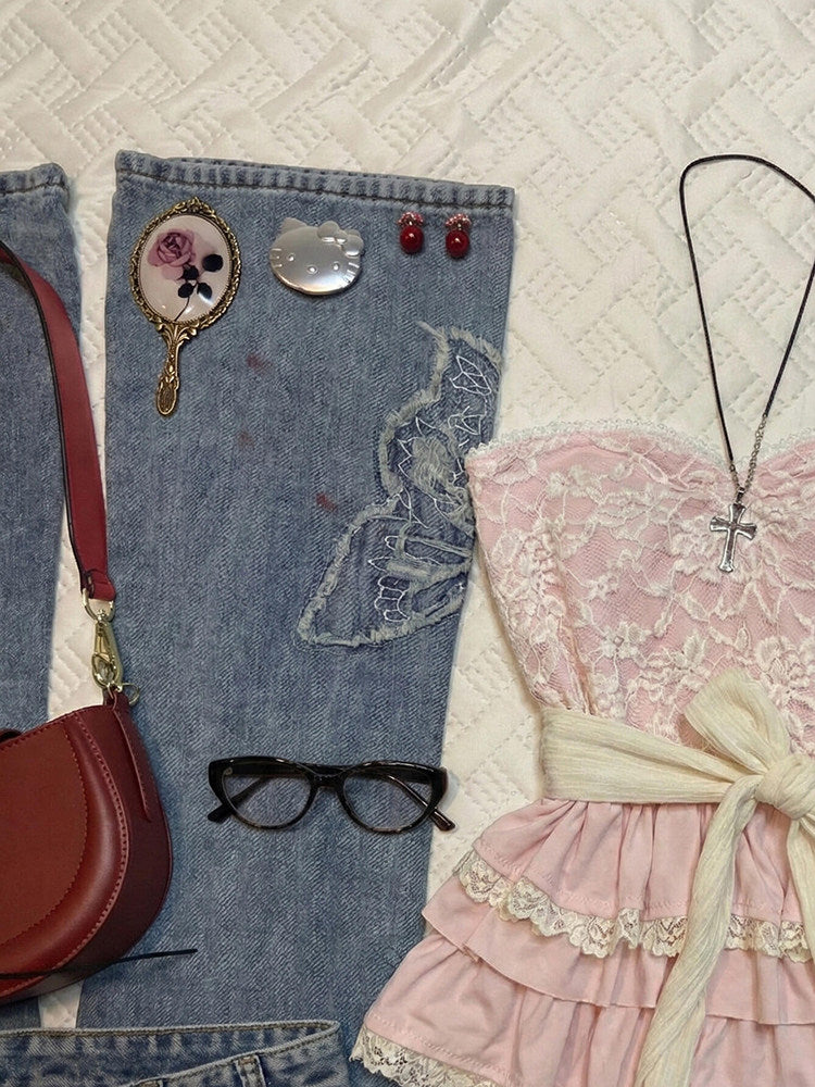 pink lace strap crop top