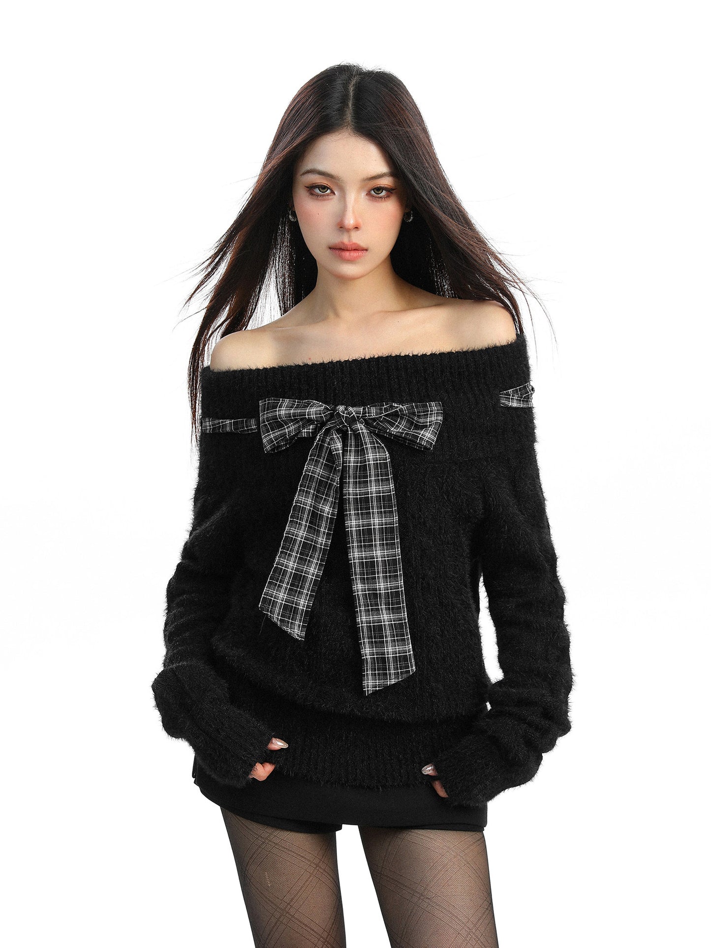 off-shoulder red sweater with bow