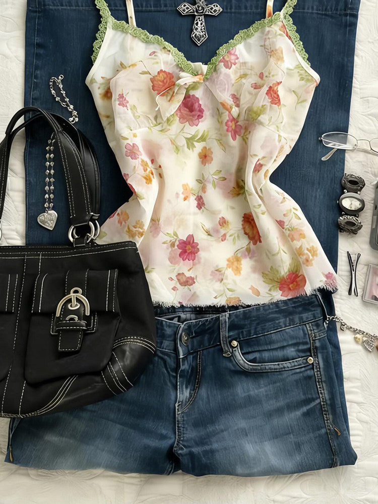 floral green lace tank top