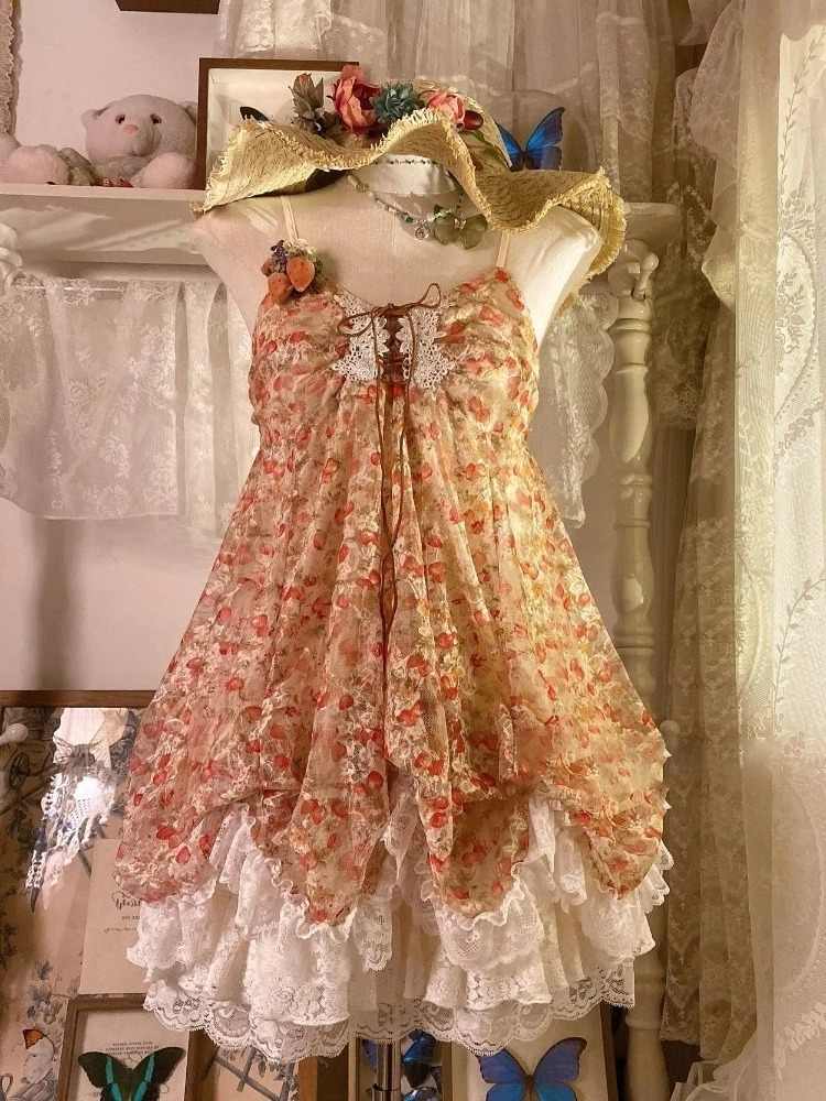 Retro Floral Mesh Ruffled Dress
