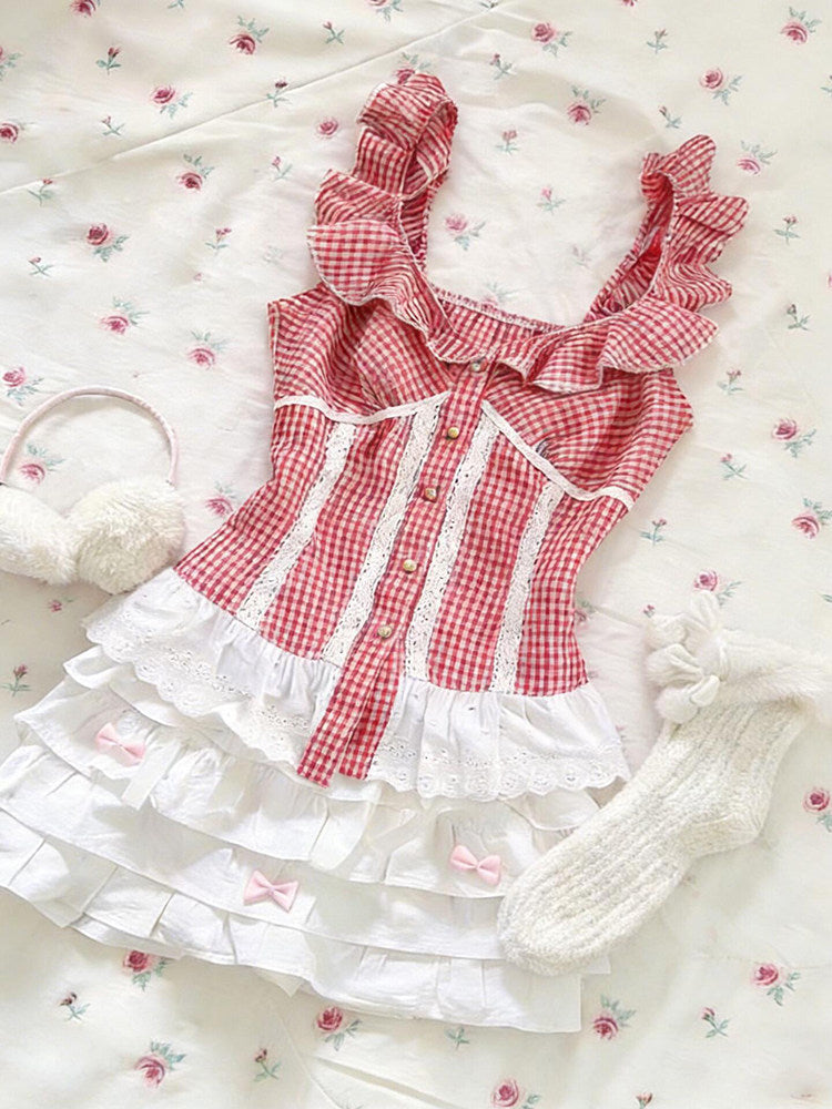 retro plaid red ruffled tank top
