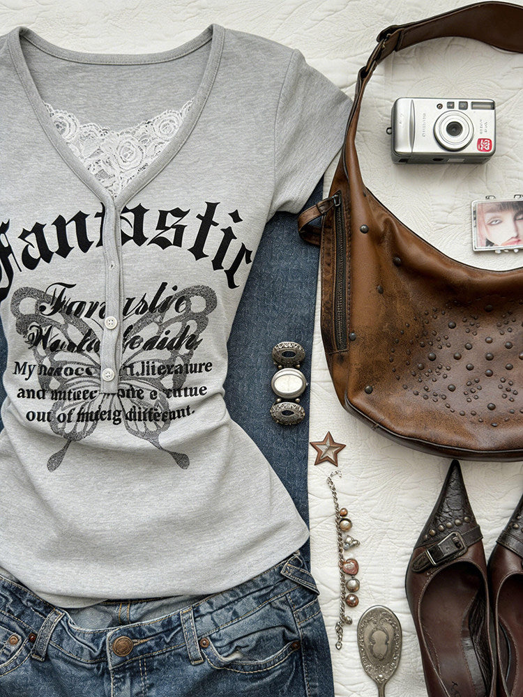 retro gray lace butterfly shirt
