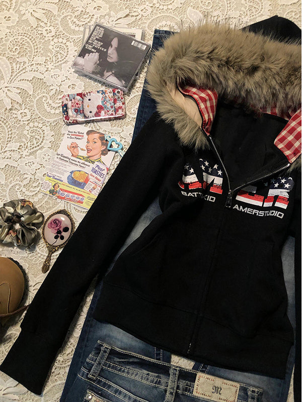 retro hooded fur collar niche jacket