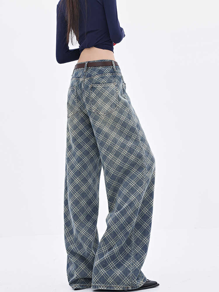 Preppy Retro Plaid Wide-leg Jeans