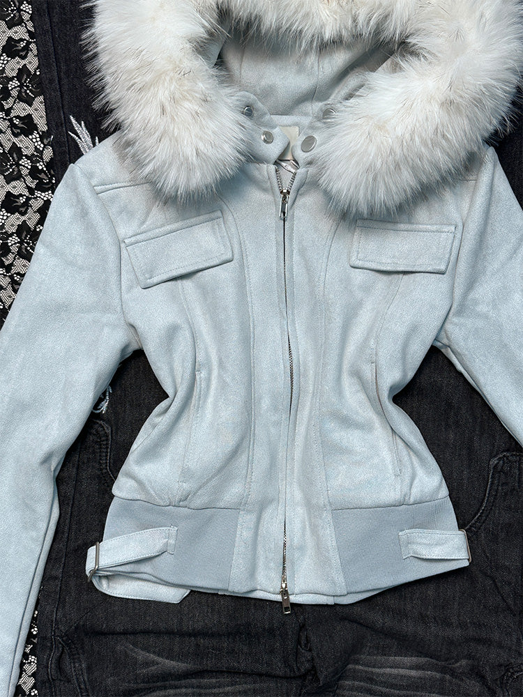 retro blue fur collar coat