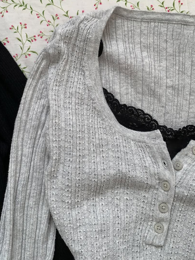 lace suspender U-neck long-sleeved top