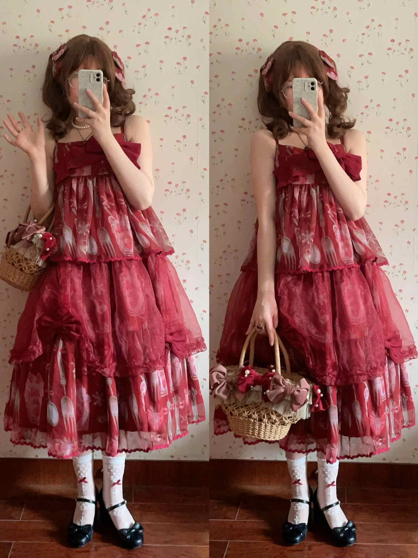 Burgundy Lolita Mesh Bows Lolita Dress