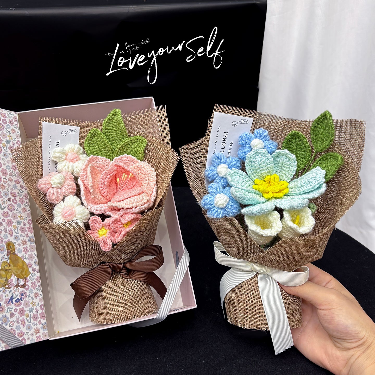 Hand-knitted small flowers bouquet