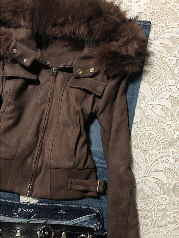 retro niche Maillard fur collar hooded short coat