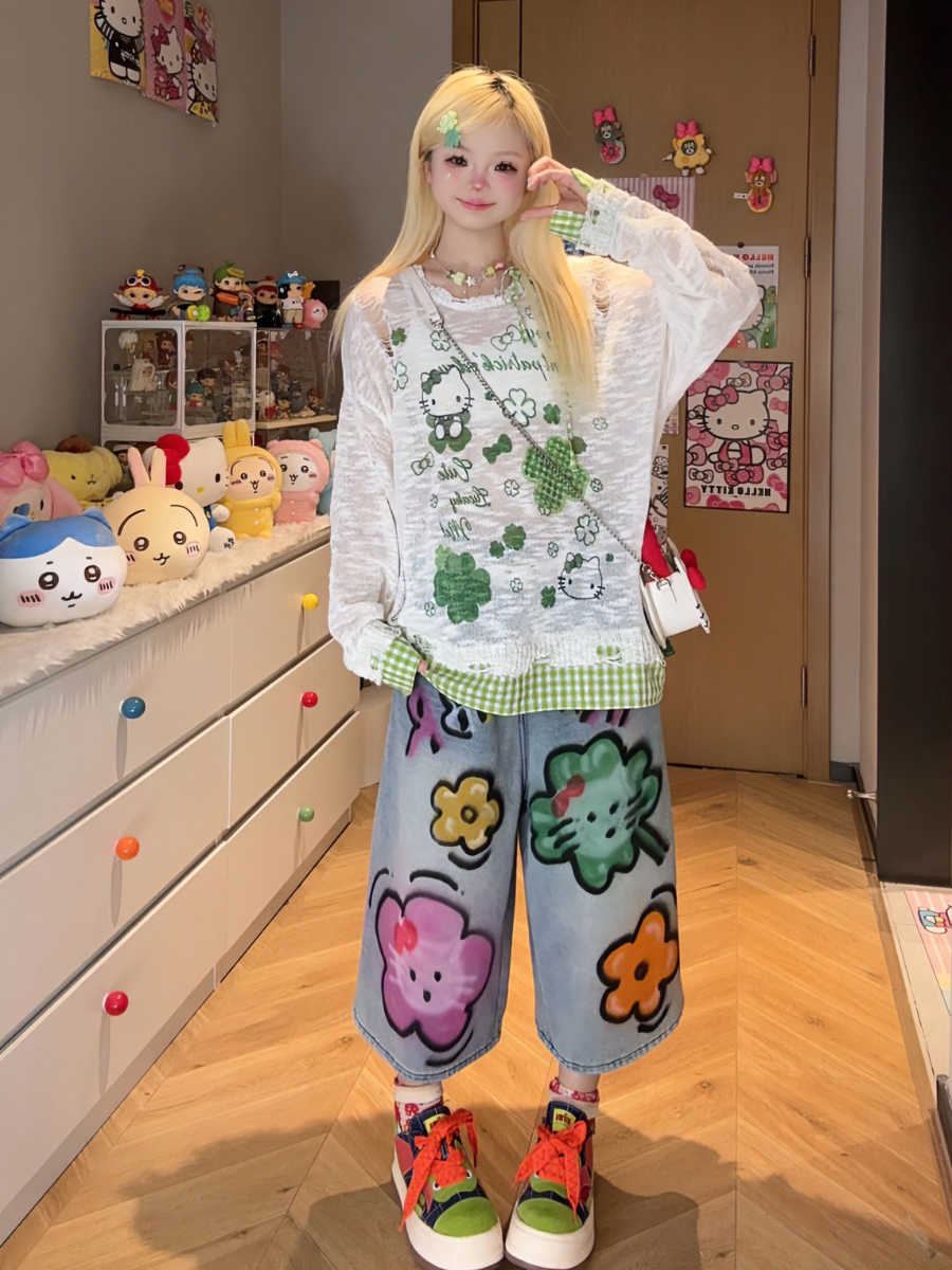 Plant Cartoon Plaid Long-sleeved Top