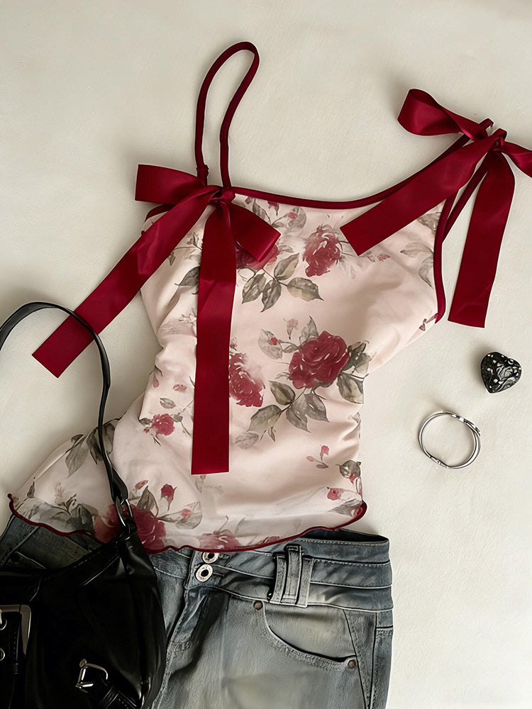 red retro roses straps tank top
