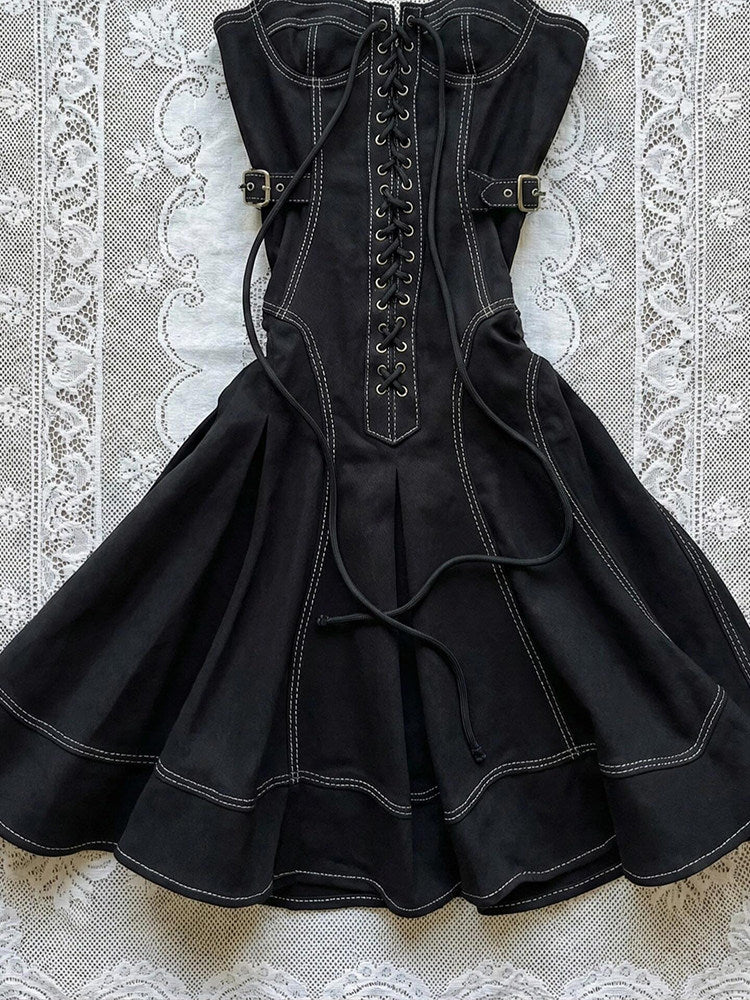 denim corset straps dress