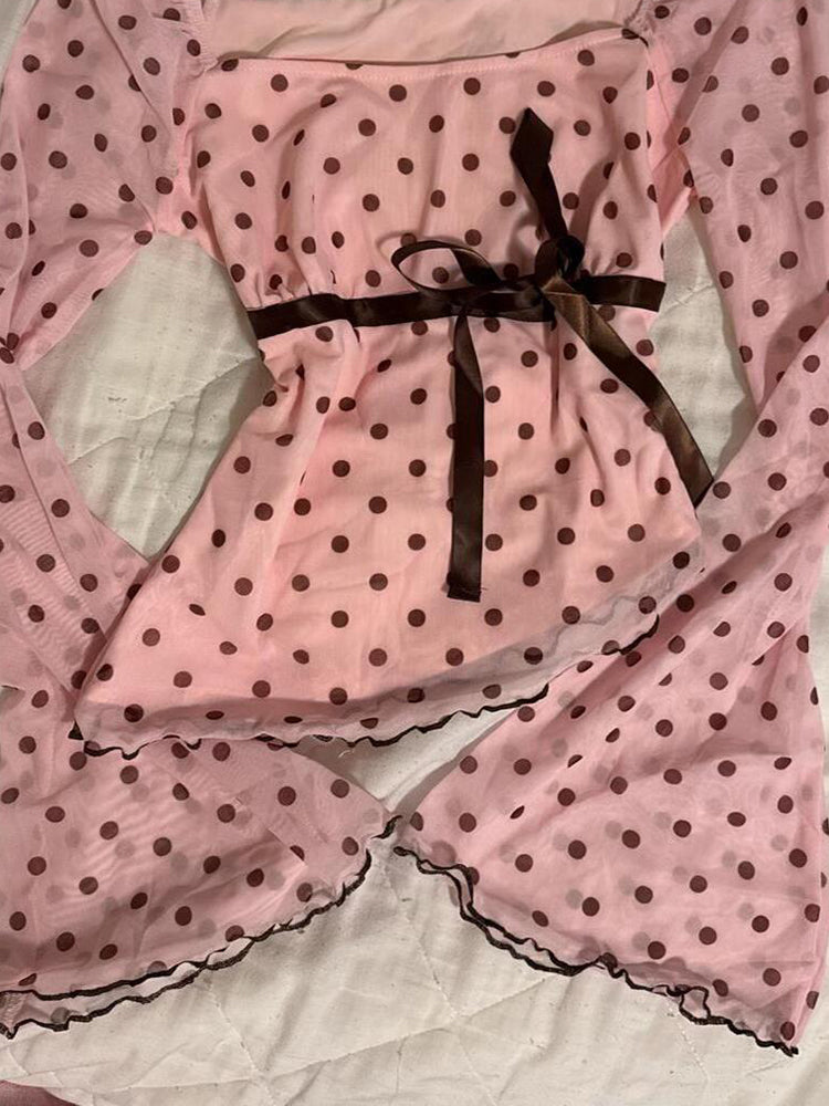 polka dots coquette bow long-sleeved shirt