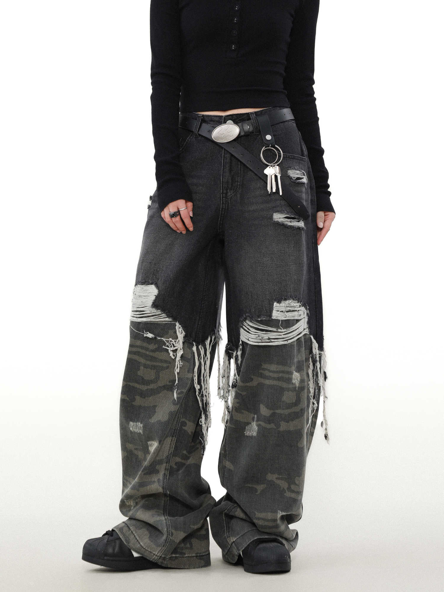 Grunge Camouflage Splicing Tassel Ripped Jeans