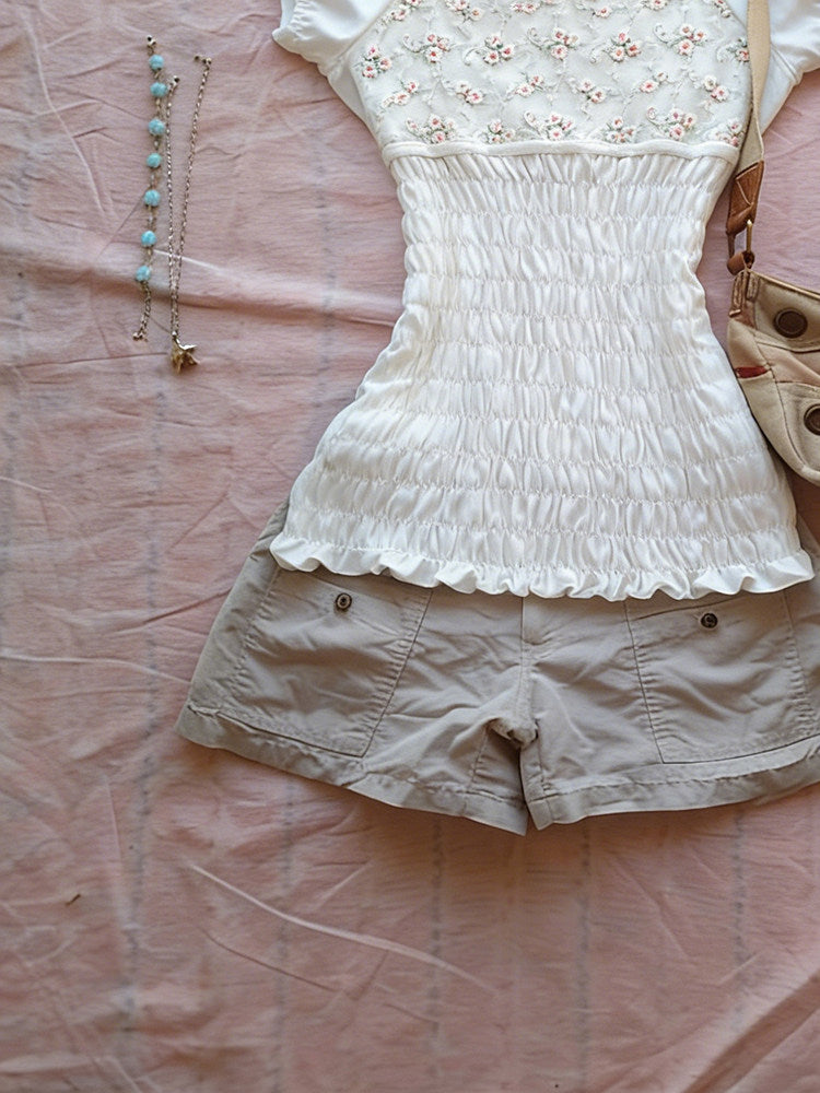 white floral square neck shirt