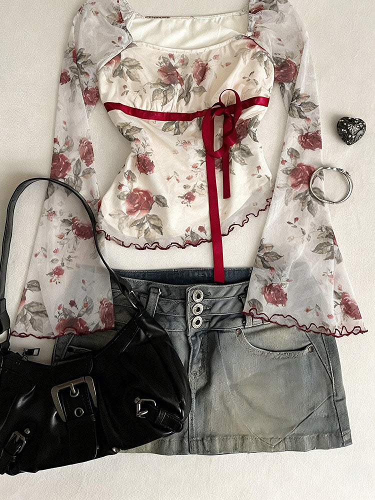rose strap mesh long-sleeved top