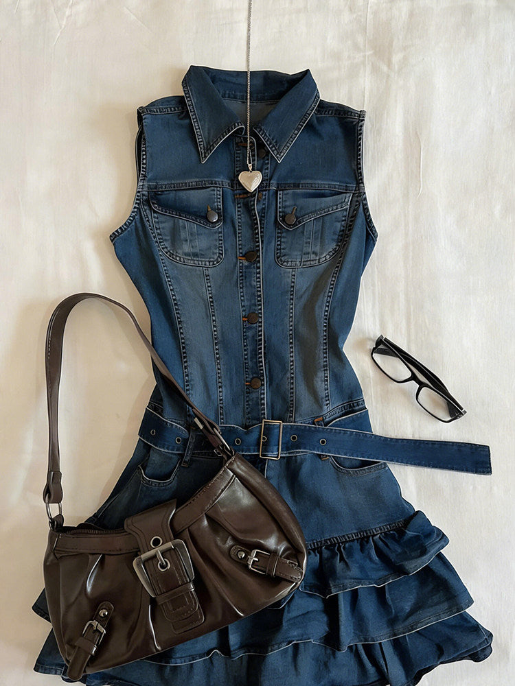 denim sleeveless ruffled dress