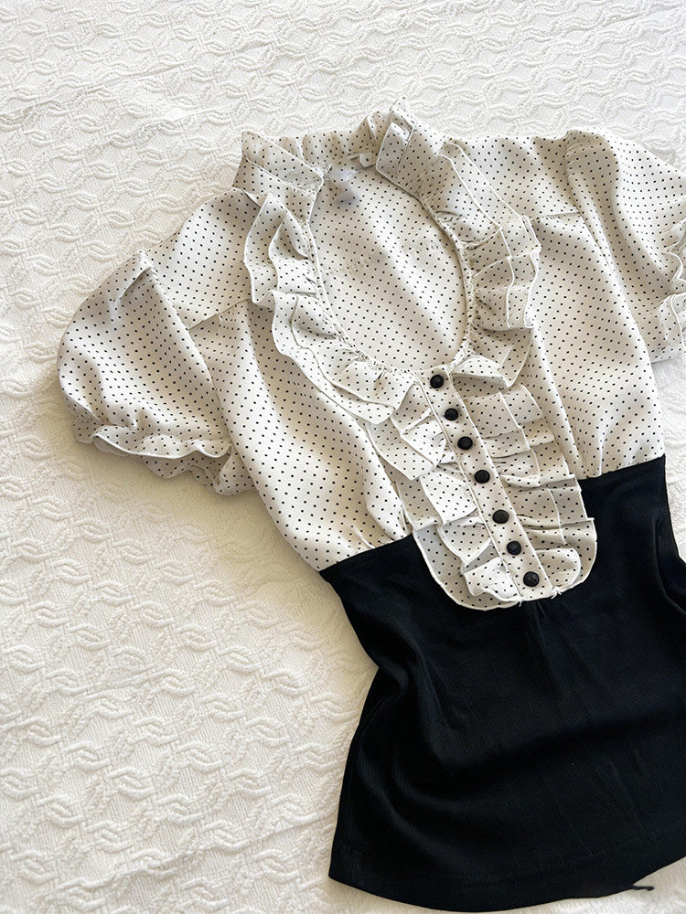 polka dots ruffled v-neck shirt