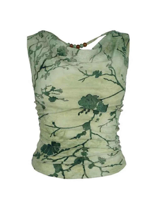 Green Swing Collar Flocked Flower Top