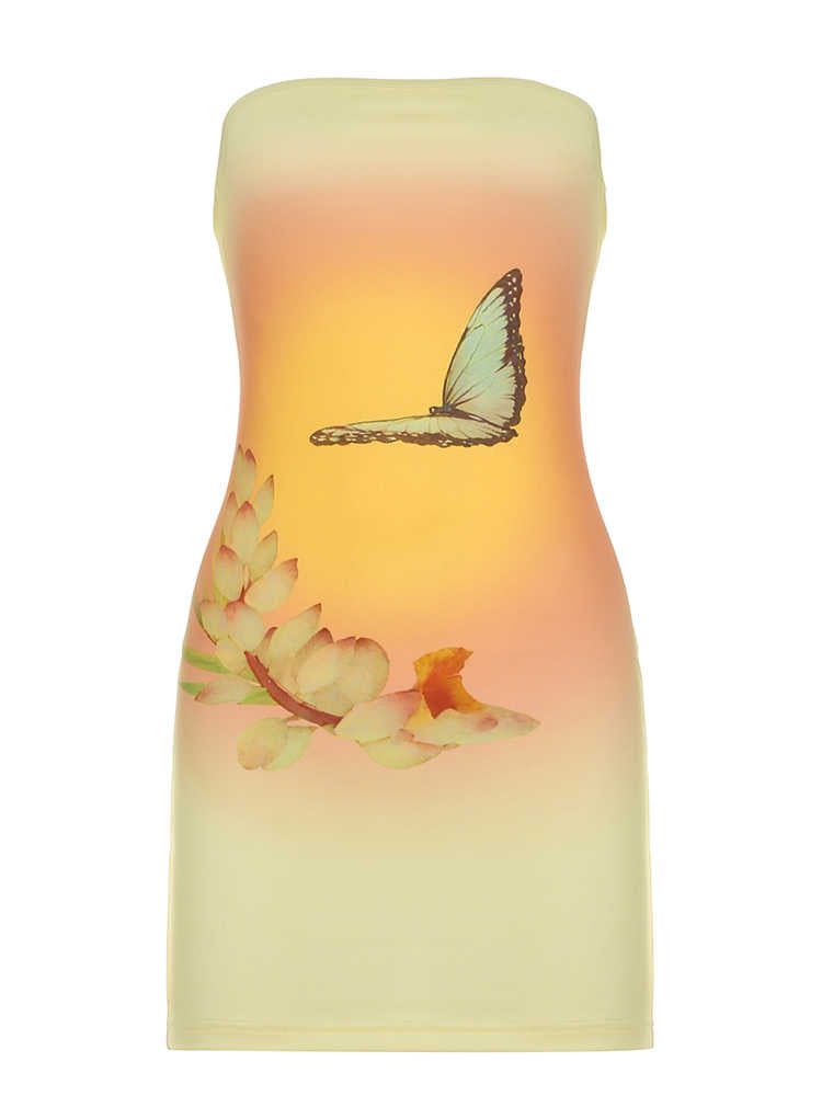 Yellow Butterfly Print Tube Top Dress