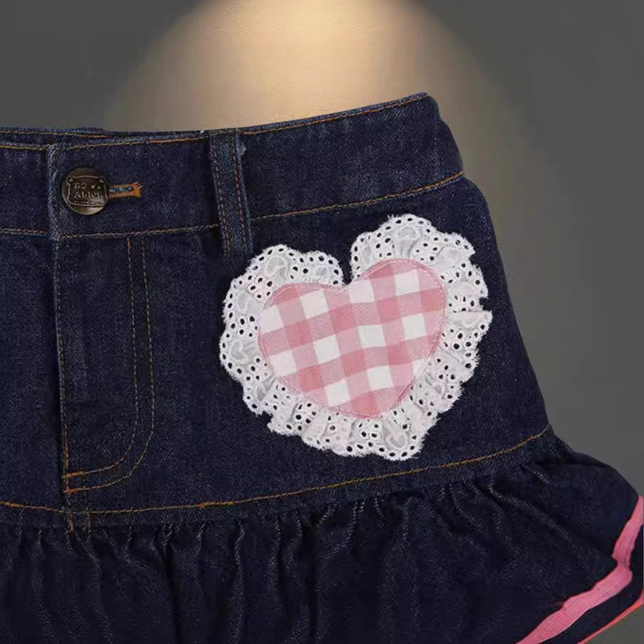 Bow Lace Trim Pink Plaid Denim Mini Skirt