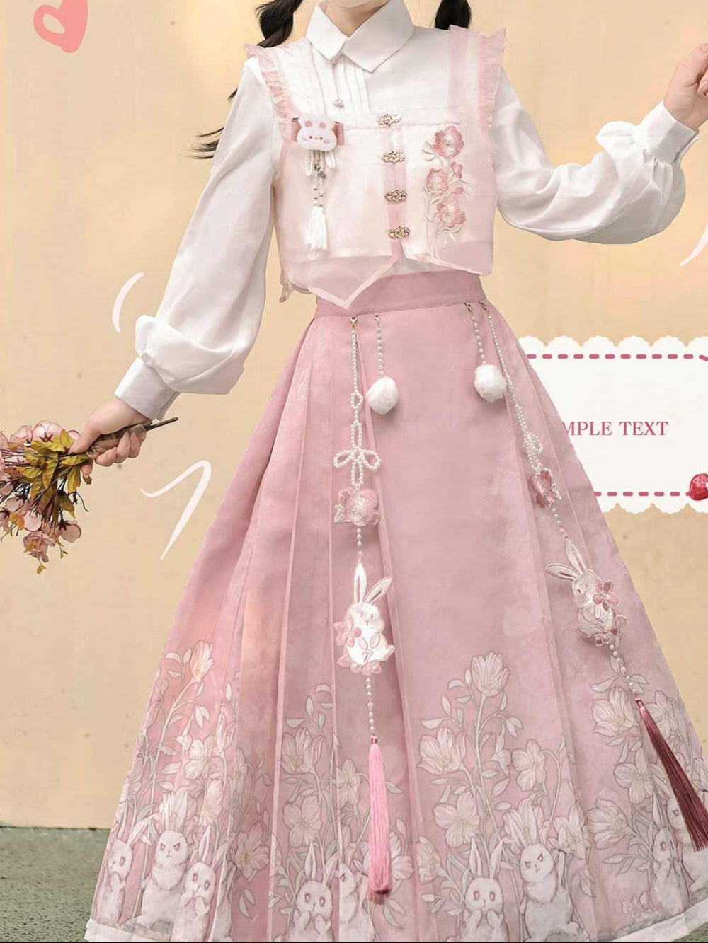 Hanfu Aesthetic Pink Rabblit Shirt + Skirt Suit