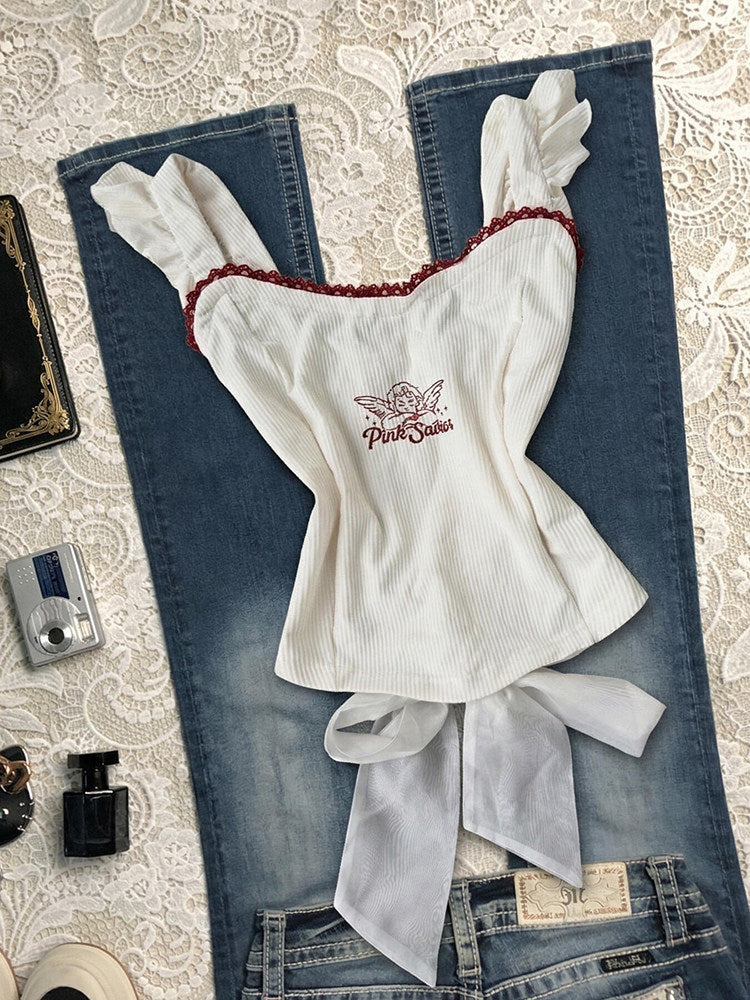 angel red lace white tank top
