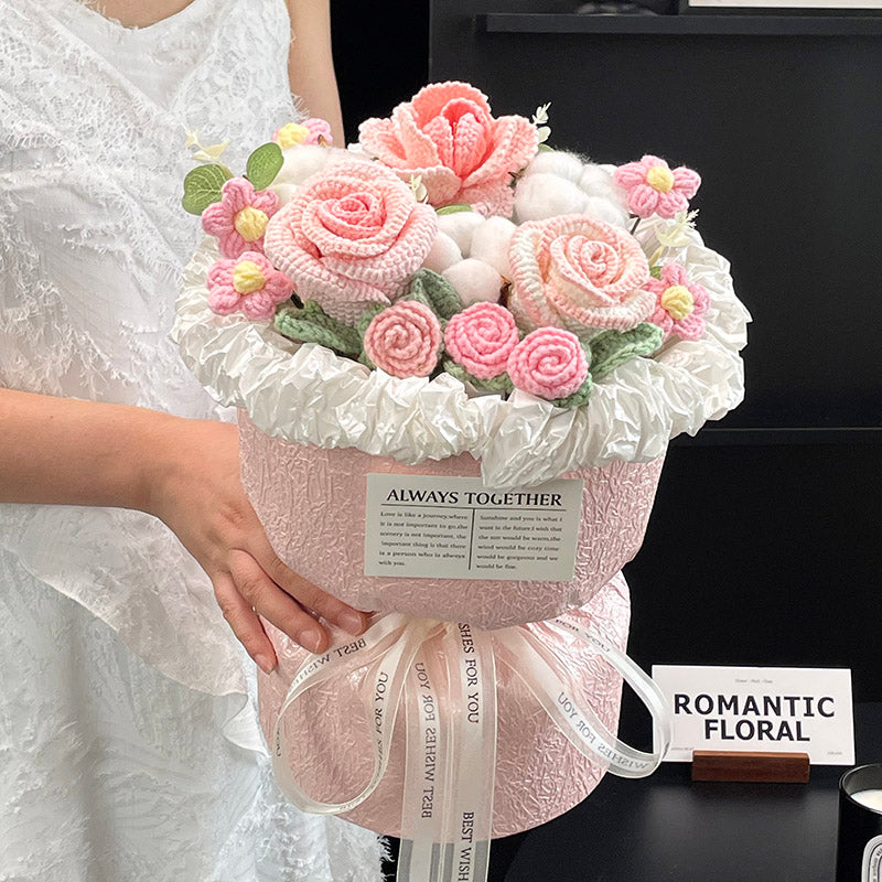 Hand-knitted crocheted wool flowers bouquets