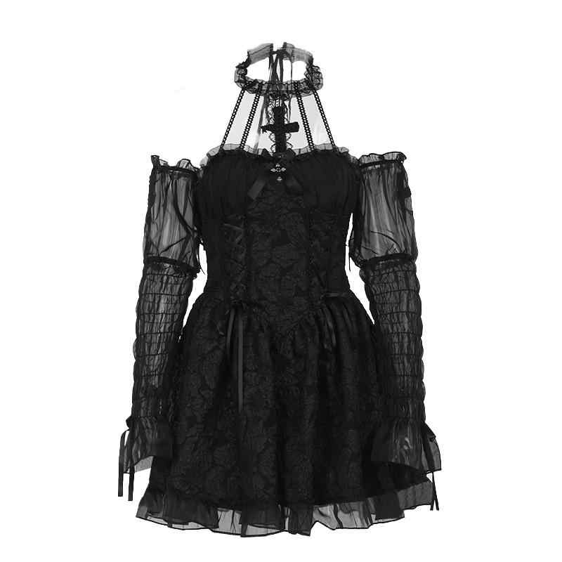 Dark Coquette Gothic Halter Neck Strap Mini Dress