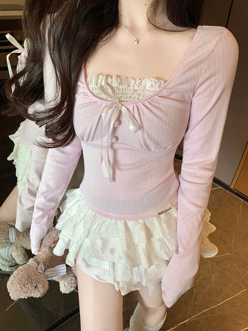 Lace-up Bow Long-sleeved Coquette Top