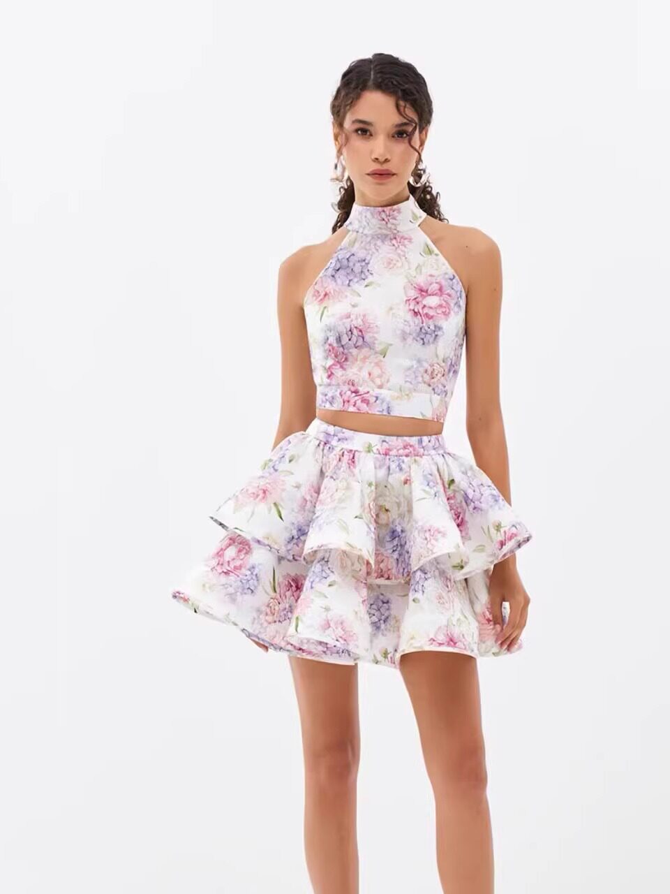French Halter Print Top + Tiered Mini Skirt 2-Piece Set