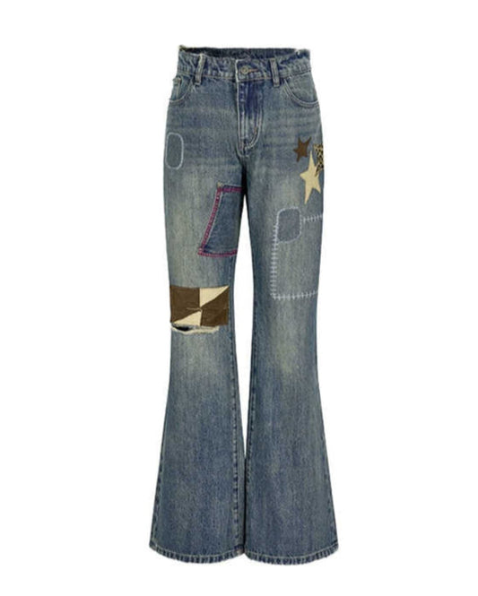 Star Patched Ripped Retro Street Jeans