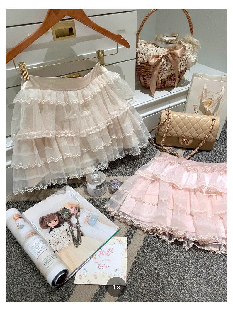 Cream Lace Puffy Cake Skirt
