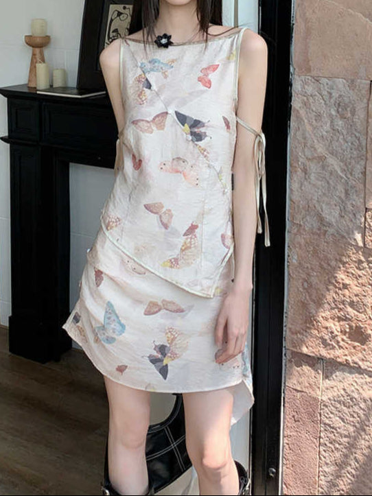 Butterfly Print Suspender Top + Skirt