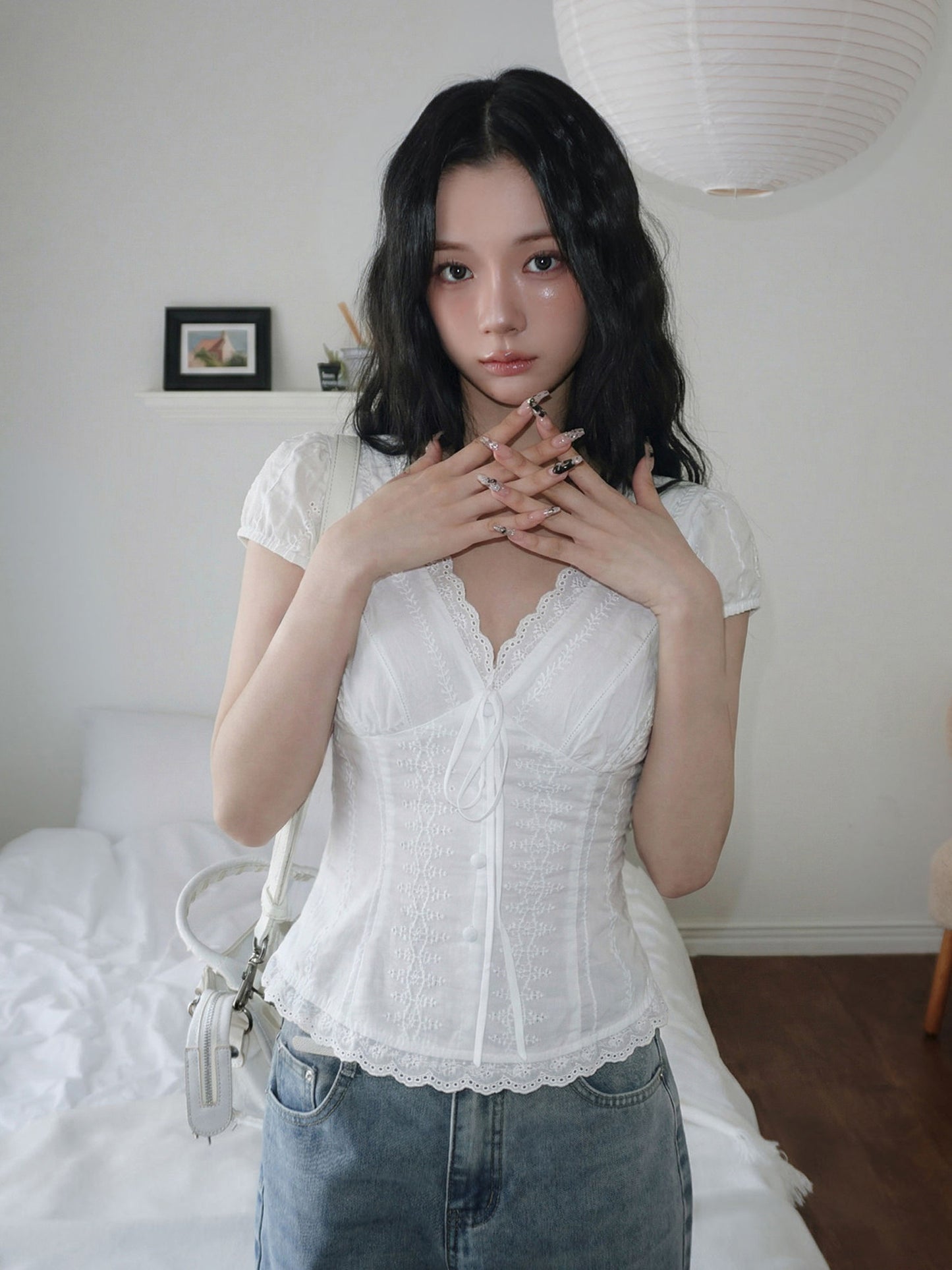lace trim v-neck bow shirt