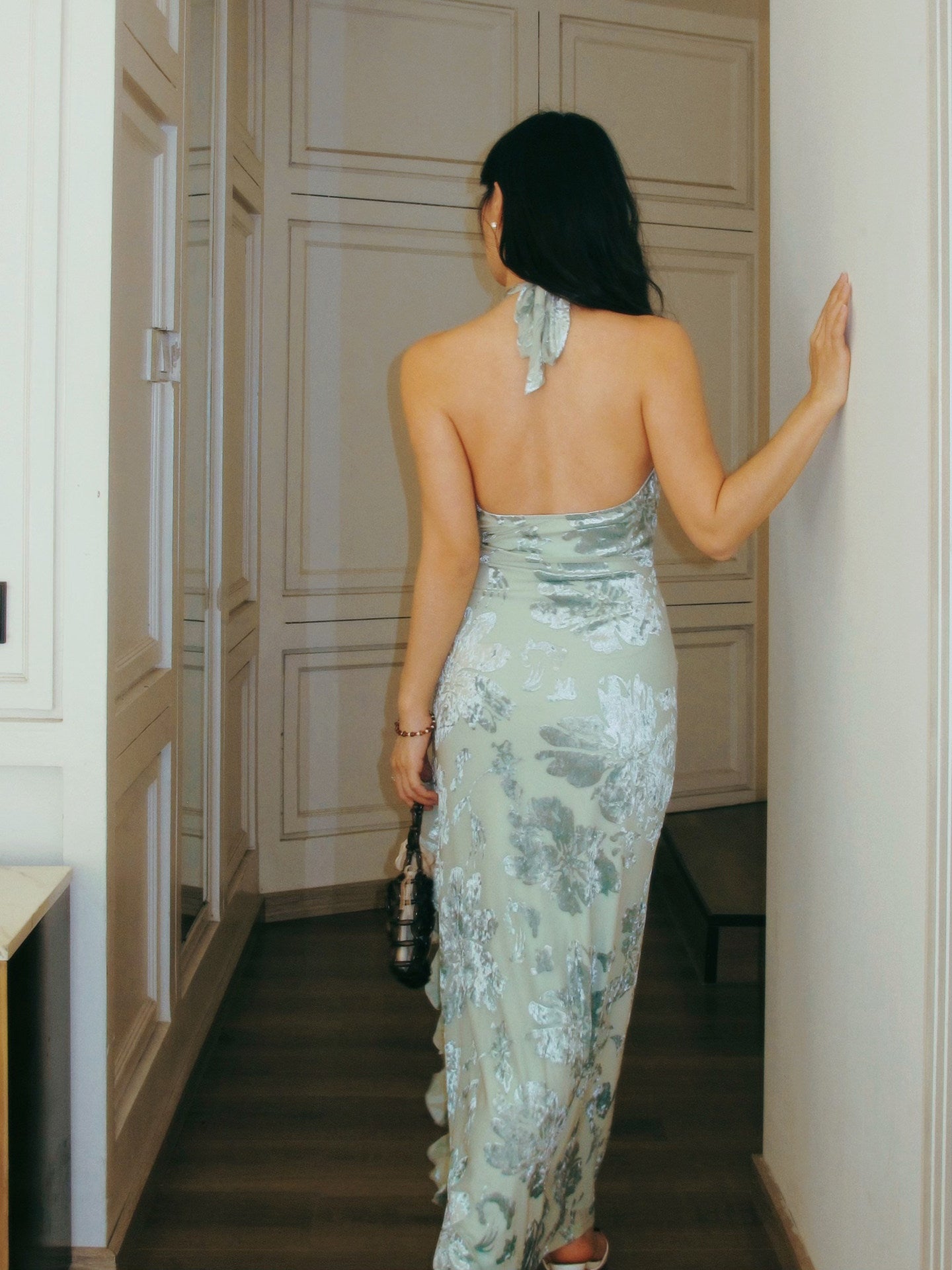 Mint green V-neck velvet print halter dress