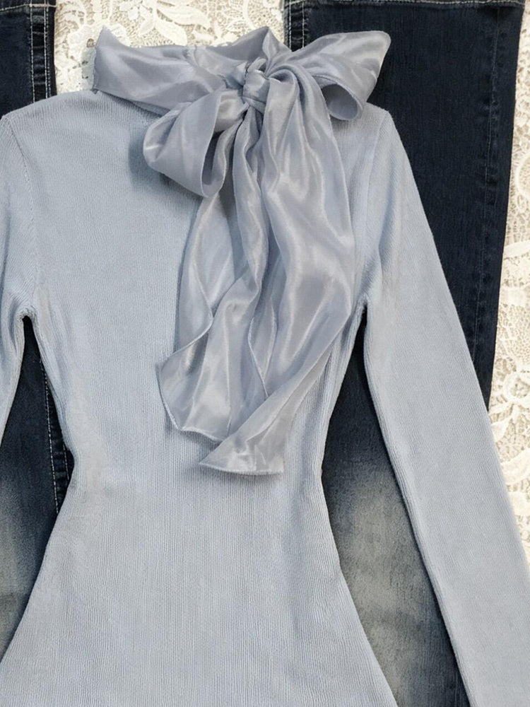 retro blue ribbon long-sleeved shirt