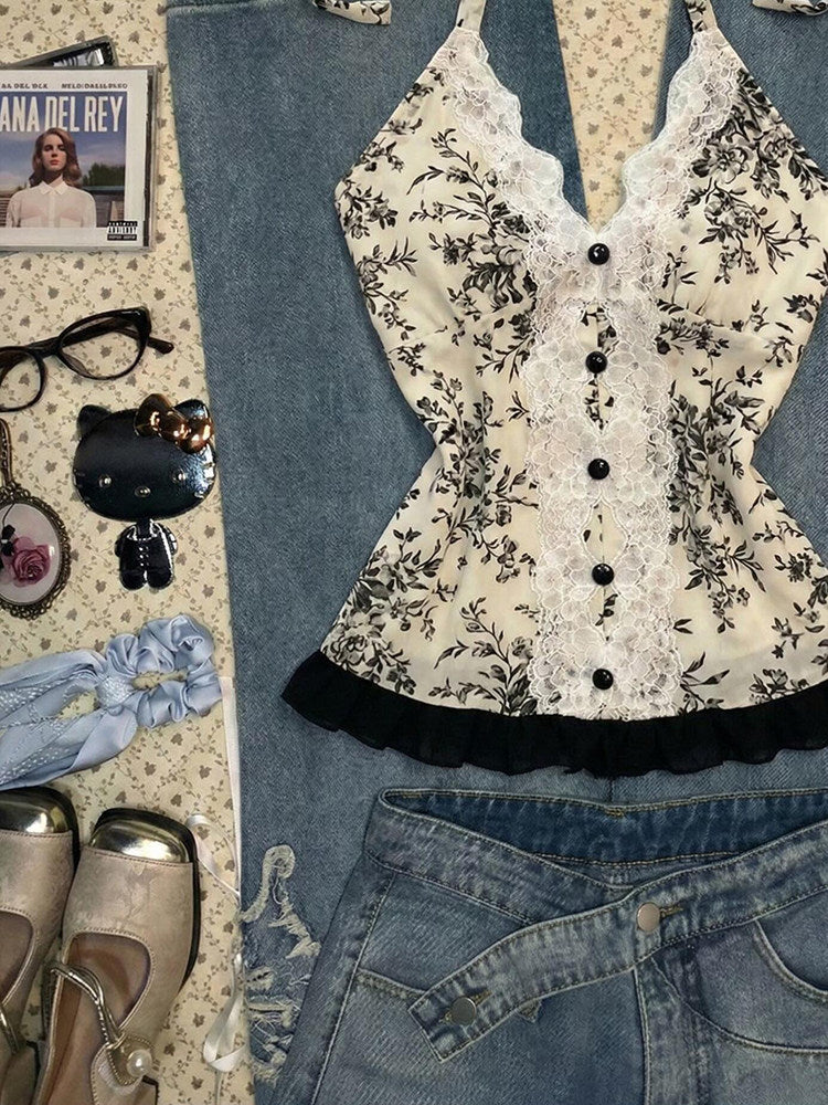 black lace floral halter top