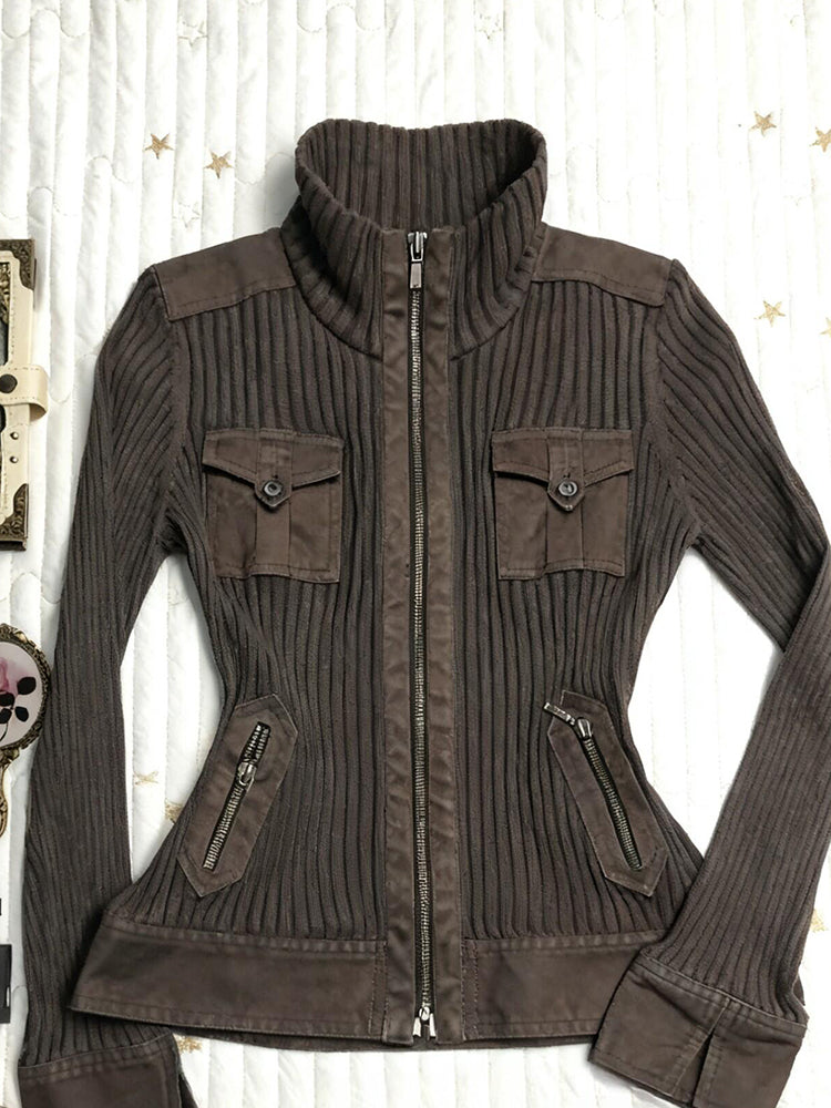 brown retro stand-up collar slim knitted cardigan