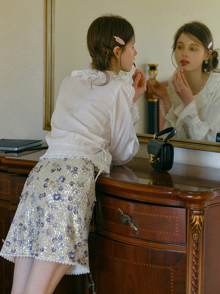 Tweed-style Heavy Embellished Floral Sequined Skirt