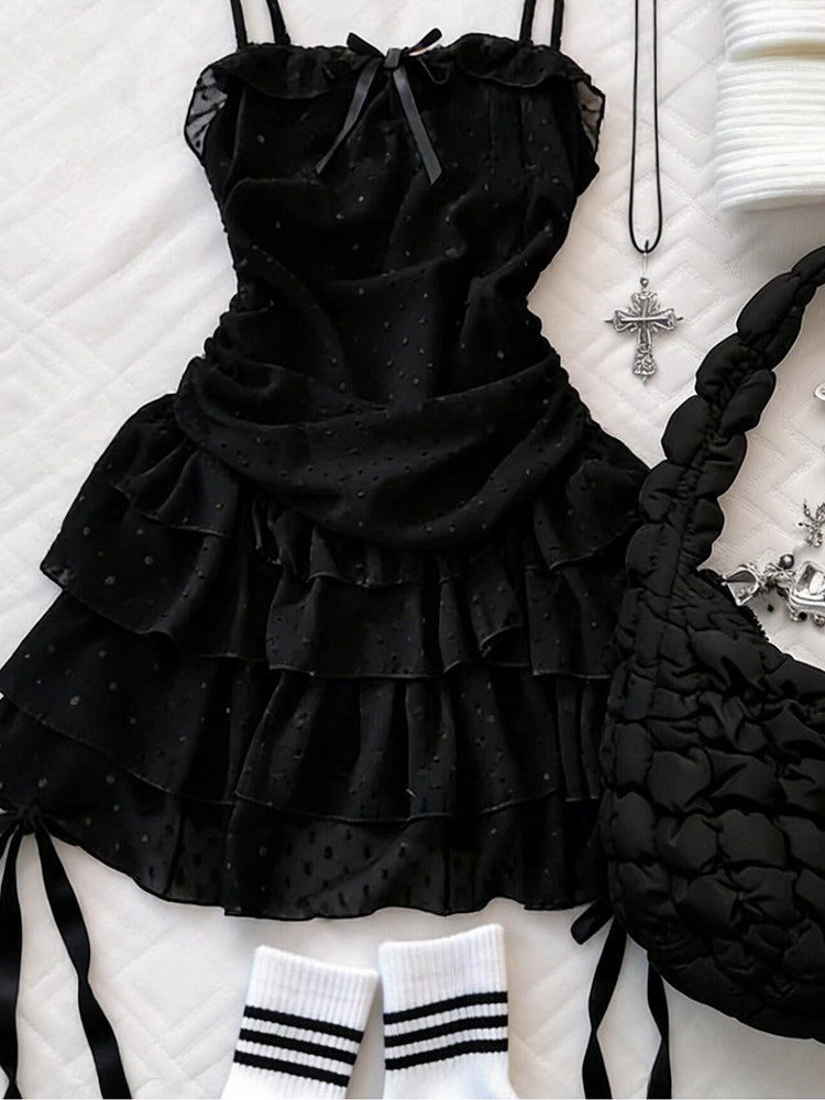 dark coquette bow mesh dress