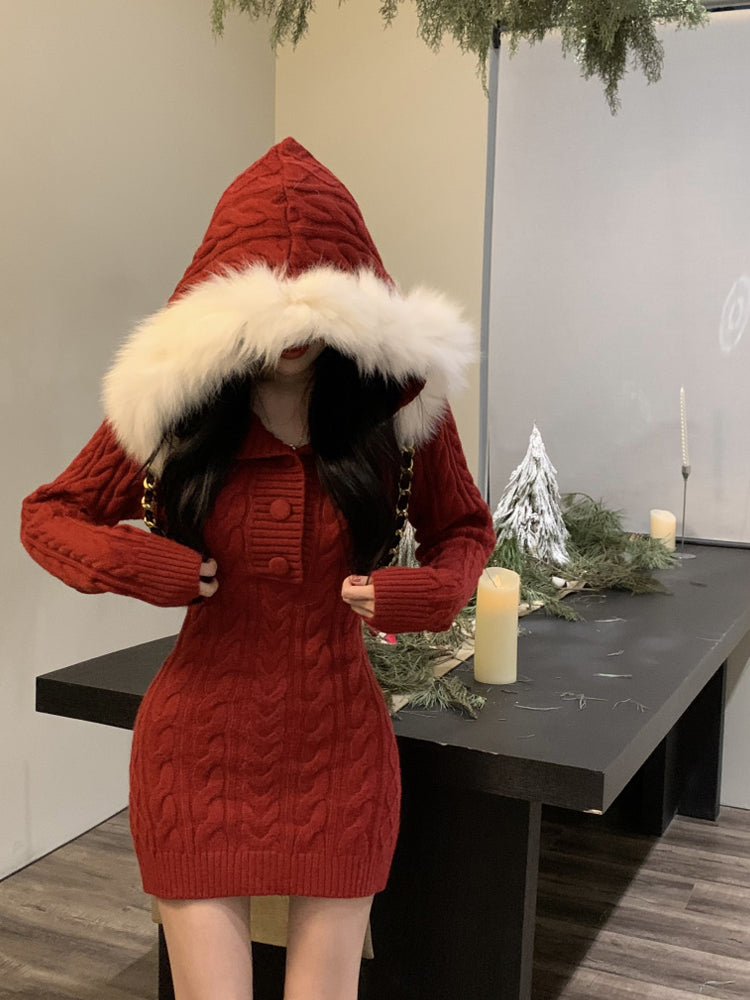 Christmas hooded fur collar knitted dress