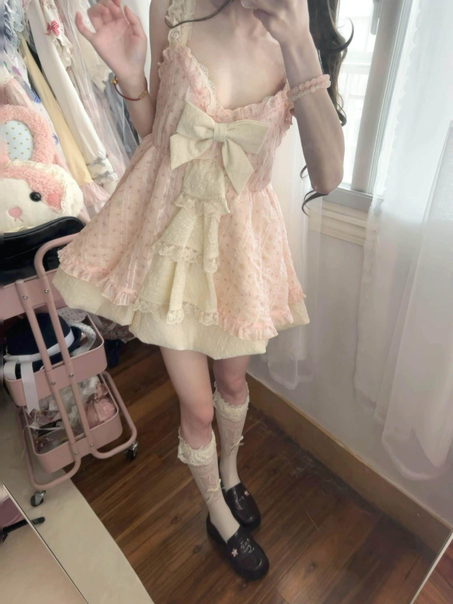 Lace Bow Puffy Dress 2-Piece Set