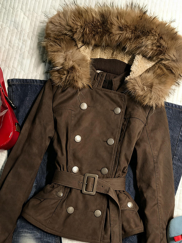 brown retro waist slimming fur collar hooded jacket