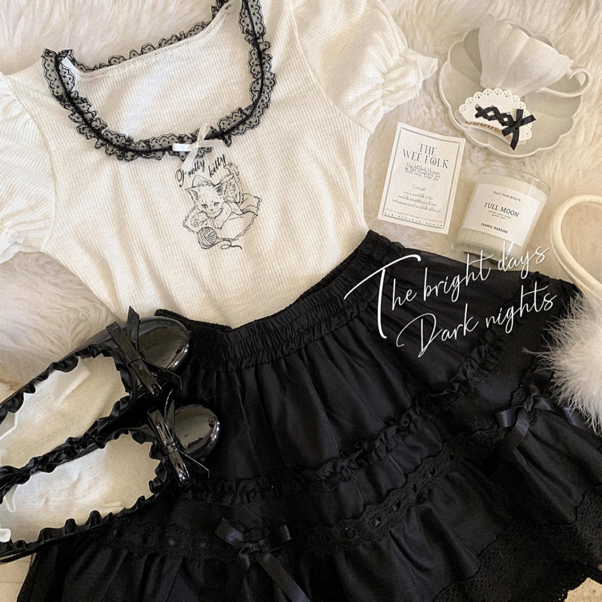 Lace Bow Cat Puff-sleeve Top
