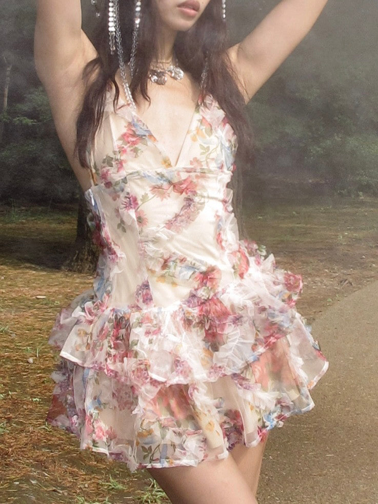 Fairyland Puff Short Nude Printed Mesh Dress