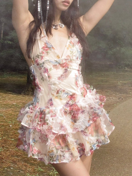 Fairyland Puff Short Nude Printed Mesh Dress